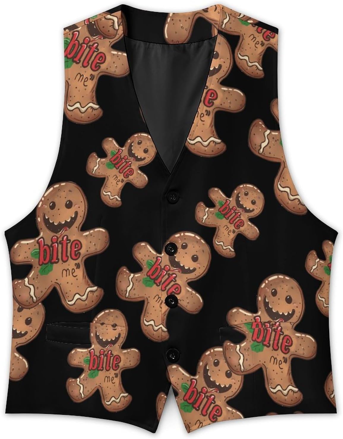 Funny Christmas Bite Me Gingerbread Men's Suit Vest Formal Vests Casual Dress Fit Waistcoat Casual Tuxedo for Business