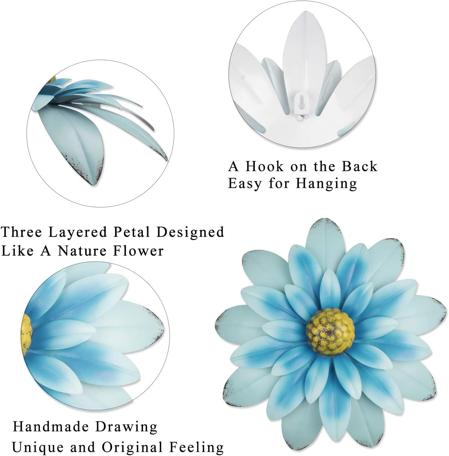 YIYA 13" Metal Flower Wall Decor Multiple Layer Flower Wall Art Wall Art Decorations Hanging for Balcony Patio Porch Bedroom Living Room Garden (Blue)