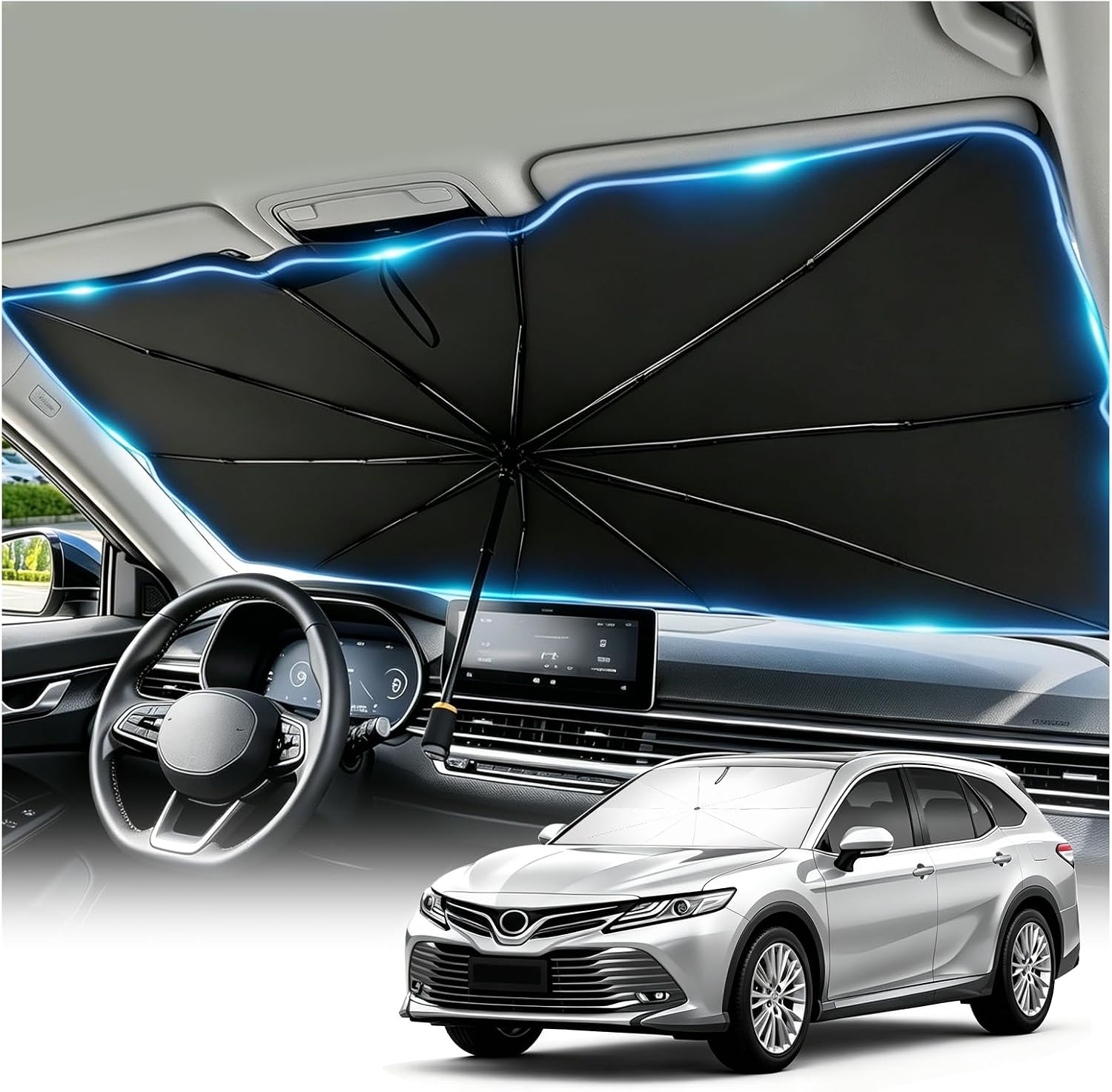 57.09"x33.46" Car Windshield Sun Shade Umbrella,Titanium Silver Sun Shade for Car Windshield for Blocking Sunlight,Foldable Windshields Umbrella Suns Shades for Cars with Storage Bag