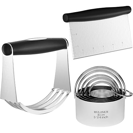 HULISEN Stainless Steel Pastry Scraper, Dough Blender & Biscuit Cutter Set (3 Pieces/ Set), Heavy Duty & Durable with Ergonomic Rubber Grip, Professional Baking Dough Tools, Gift Package