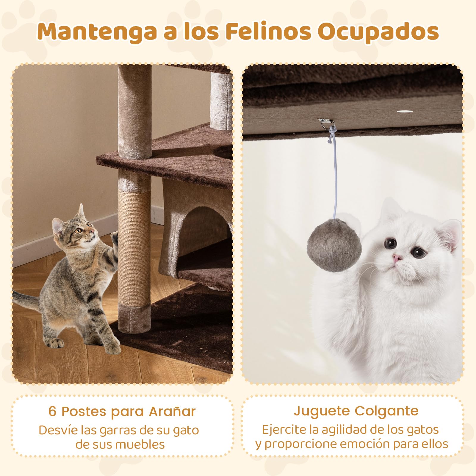 COSTWAY Rascador para Gatos Grandes, Árbol Rascador para Gatos Multinivel, Altura 148 cm con Condominio, Percha de Peluche, Postes Rascadores, Agujero, Pompón y Plataformas, Torre Gato de Interior