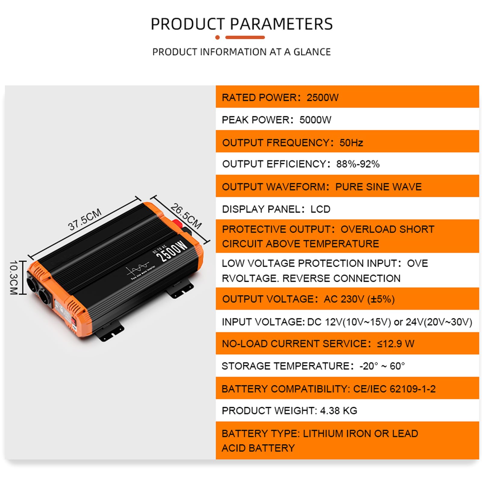 2500W(5000W Peak Power) Car Power Inverter 12v to 220v Pure Sine Wave Voltage Transformer Power Converter with LCD Display and 2 EU Sockets Inverter For Home and RV with Remote Controller 3M Cable
