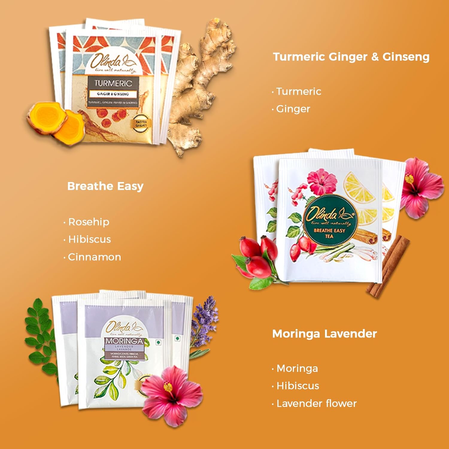 Olinda Health & Vitality Tea Gift Box Tea Samplers Organic Tea Bags Low Caffeine Detox Energy Tea Natural Herbal Gift Set Premium 9 Vareity Pack Individually Wrapped 45 Tea Bags 1 Tea Box Tea Gifts for Women