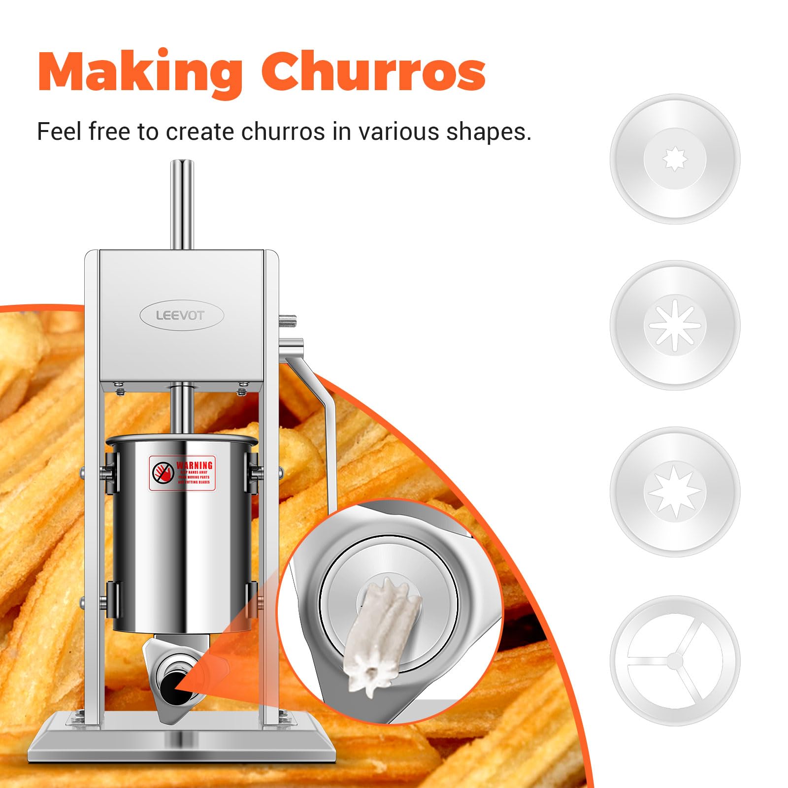 Riempitrici per salsicce, macchine per salsicce in acciaio inossidabile W/2 velocità, riempitrice verticale per salsicce con imbuti di 4 dimensioni e accessori per churros spagnoli in 4 diverse forme