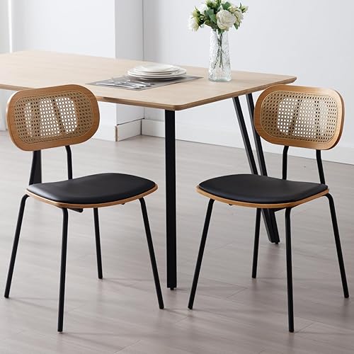 Miniatura 11 de Juego de 4 sillas de comedor Mid-Century de piel sintética con respaldo de ratán, patas de madera, diseño sin brazos para comedor, sala de estar,