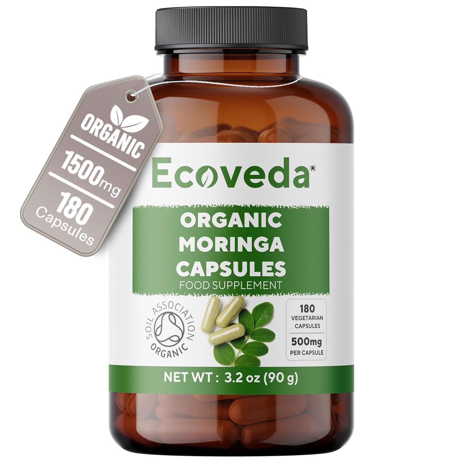 Organic Moringa Capsules, 2 Months Supply, 180 Moringa Powder Organic Capsules, 1500mg High Strength Moringa Supplement and Soil Association Certified, Vegan & Non-GMO (Not Moringa Tablets)