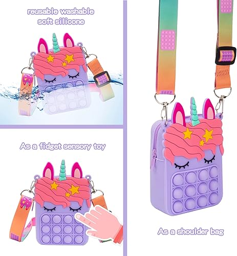 Miniatura 6 de Bolsa de unicornio morado para niñas, mini juguete para ansiedad, con burbujas para apretar, sirve de monedero, para liberar el estrés, regalo de