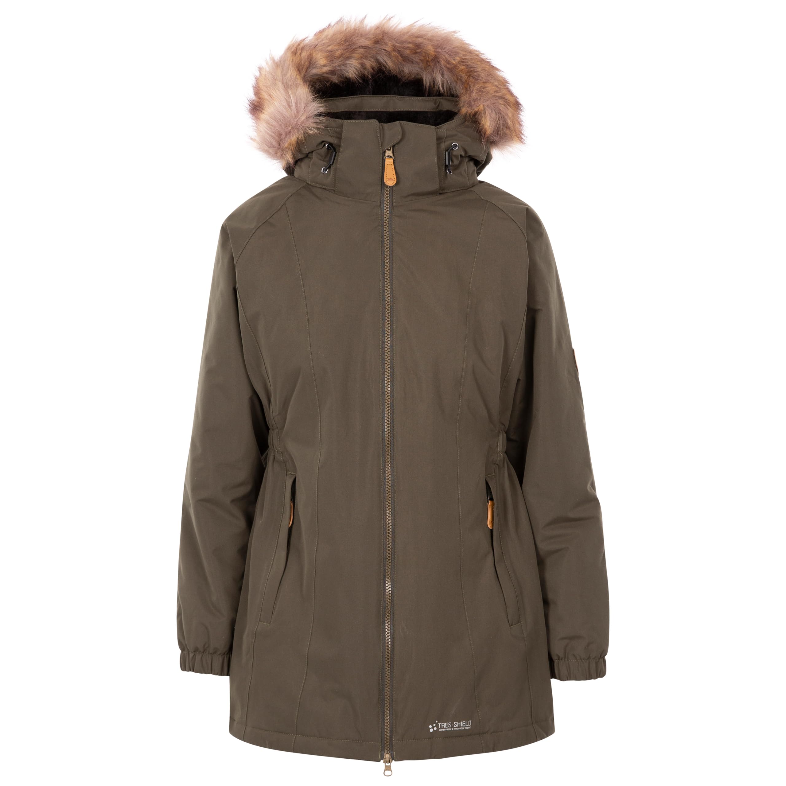 Trespass Women's Drv Parka Jacket Celebrity - Waterproof, Longer Length, Fleece Lined, Lightly Padded, 2 Zip Pockets, Stud-Off Hood Fur Trim, Elasticated Sides, 2 Way Zip
