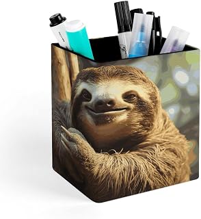 PU Leather Pen Holder Funny Sloth Desk Organizer Storage Cup | Square Pencil Box for Office Supplies Stationery Accessories, Desktop Organizer for Studio Vanity Bathroom Nightstand Dorm