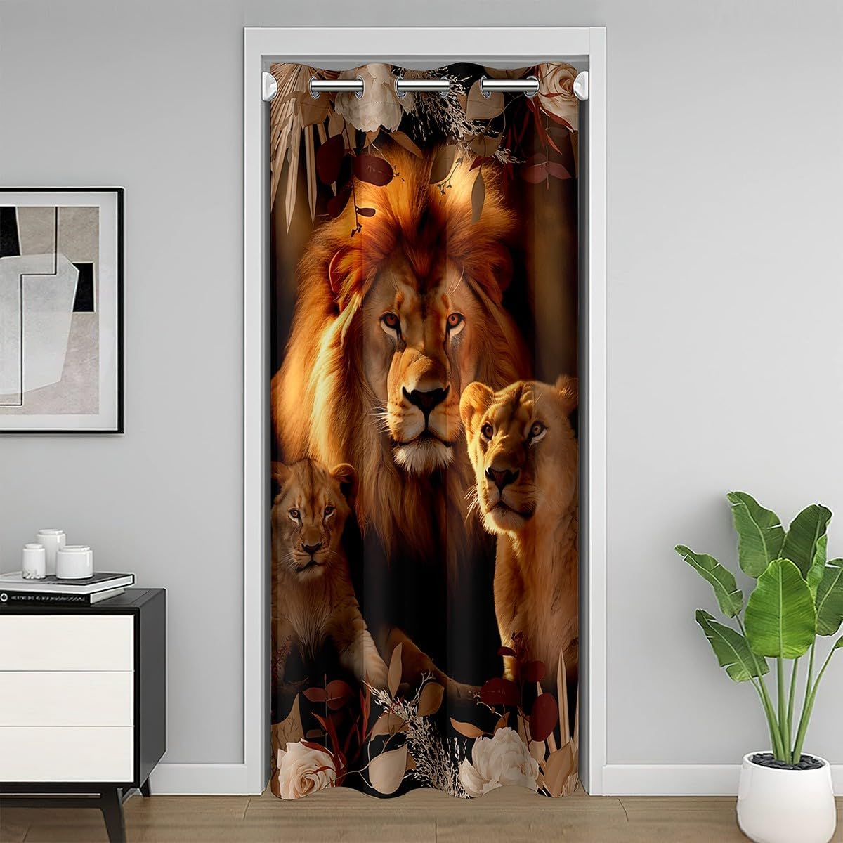 Watercolor Lion Door Curtain Brown Wild Jungle Animals Sunshine Decor Doorway Curtain Privacy for Kids Teens Adults Autumn Leaves Retro Plants Rustic Door Drape for Bedroom Closet Door 34" W X 80" L