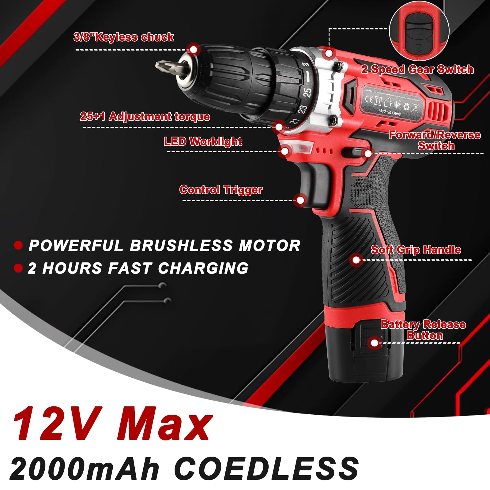 TLGREEN Set di utensili da 12 V con trapano senza fili, kit di utensili manuali con set di punte magnetiche per trapano, controllo a 2 velocità e ricarica rapida, kit di attrezzi per fai da te