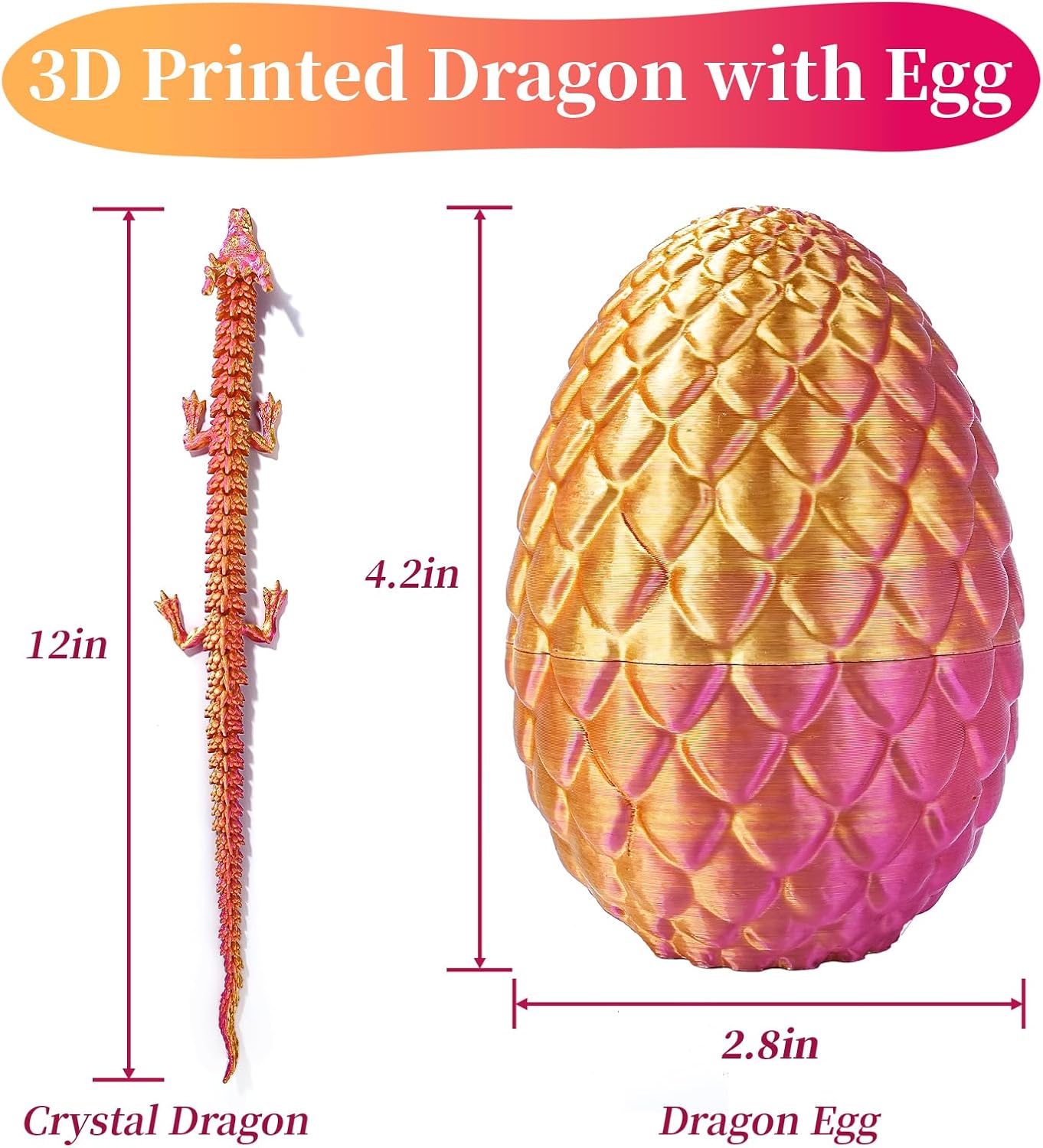 3D Printed Dragon Egg with Dragon Inside, 12'' Full Articulated Crystal Dragon in Egg Desk Toys, Adults Fidget Animals Toys for Autism ADHD Gift（Laser Red）
