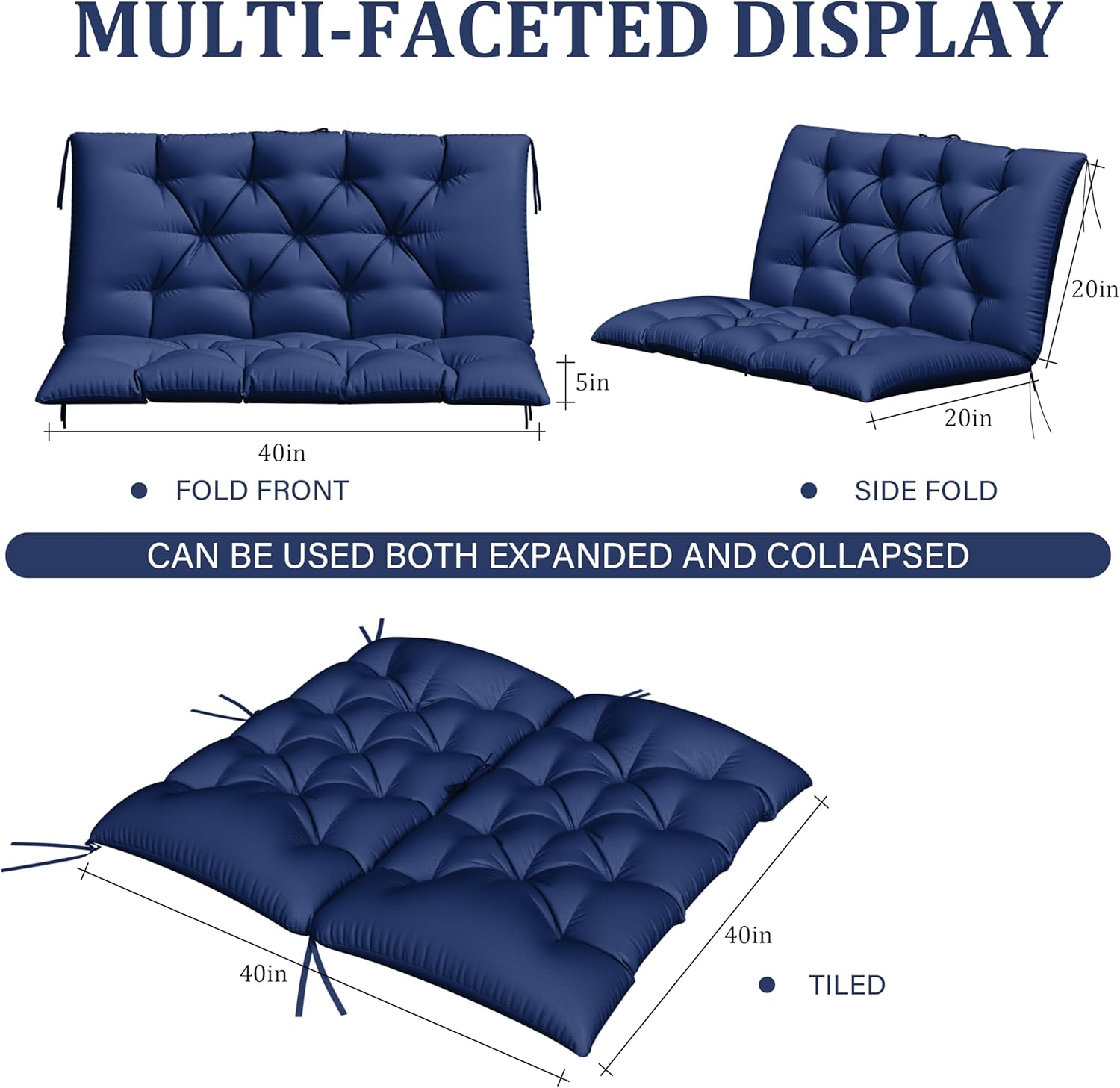 porch swing cushion with backrest,waterproof bench cushion for outdoor furniture,2-3 seater replacement thickened 5 in swing cushion,with ties,patio,outdoor,backyard and garden (blue,40x40 in) 40''×40''×5'' blue