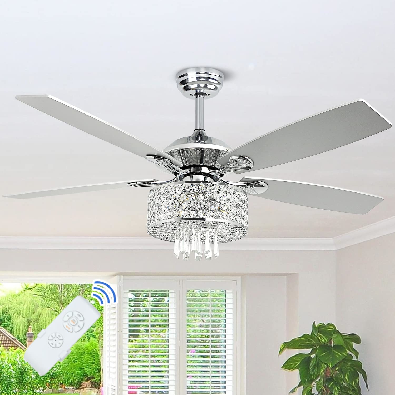 Depuley 52" Crystal Ceiling Fan with Lights, Modern Chandelier Chrome  Ceiling Fans with 5 Reversible Wood Blades, LED Ceiling Fan with Remote for  Living Room, 3-Speed, Timing(3*E12 Bulb Sockets) - - Amazon.com