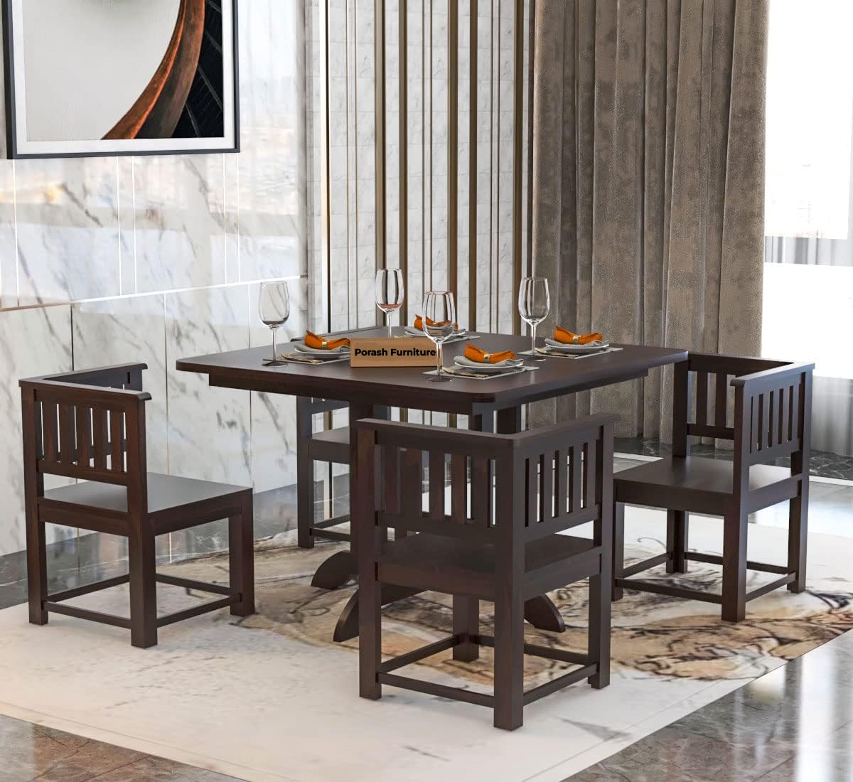 Porash Furniture Sheesham Wood 4 Seater Dining Table with 4 Chairs for Living Room Home Dining Room Wooden Dininig Set (Walnut Finish)
