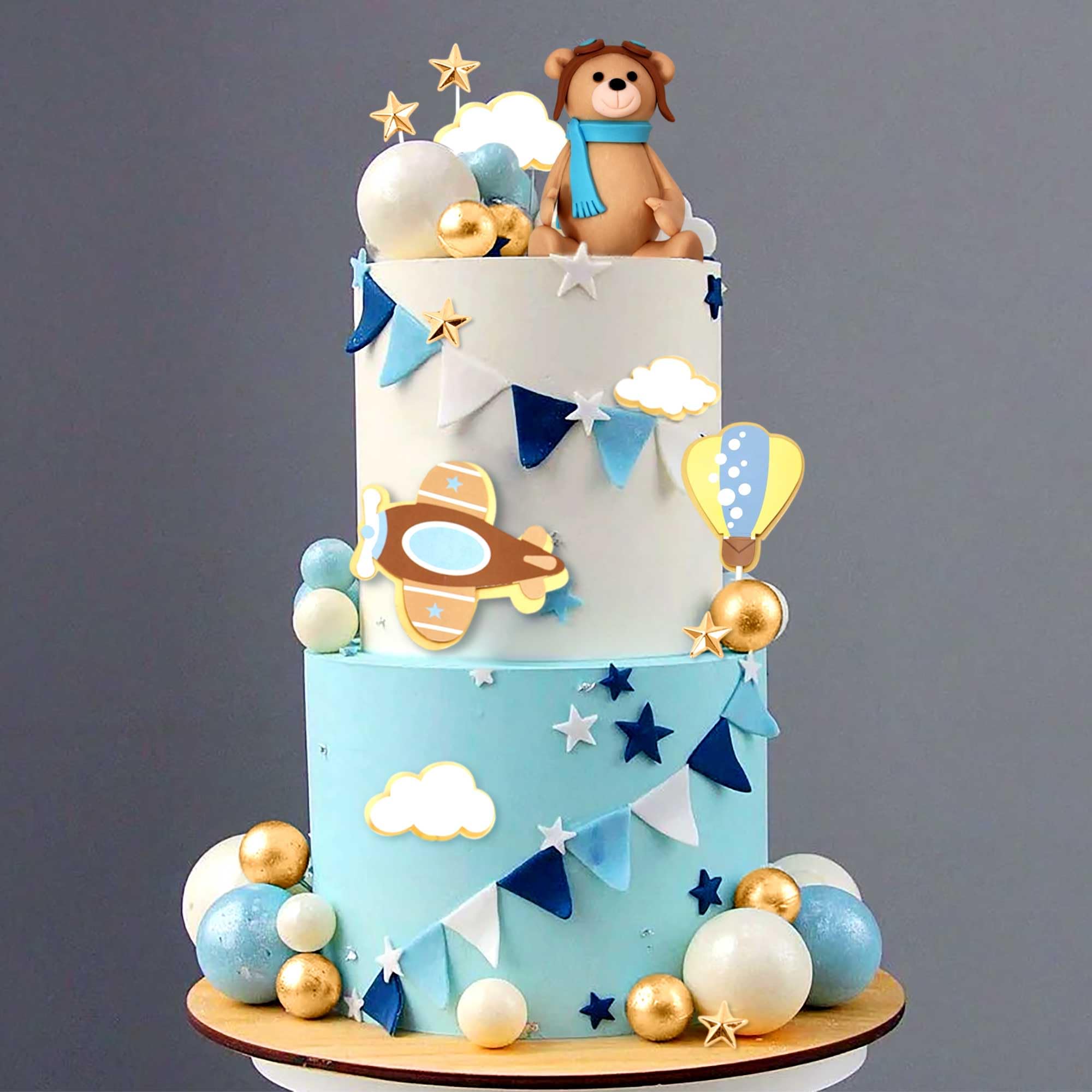 LaVenty Flugzeug-Tortenaufleger-Set – Für 1. Geburtstag, Babyshower, Mit Bär, Wolken & Sternen