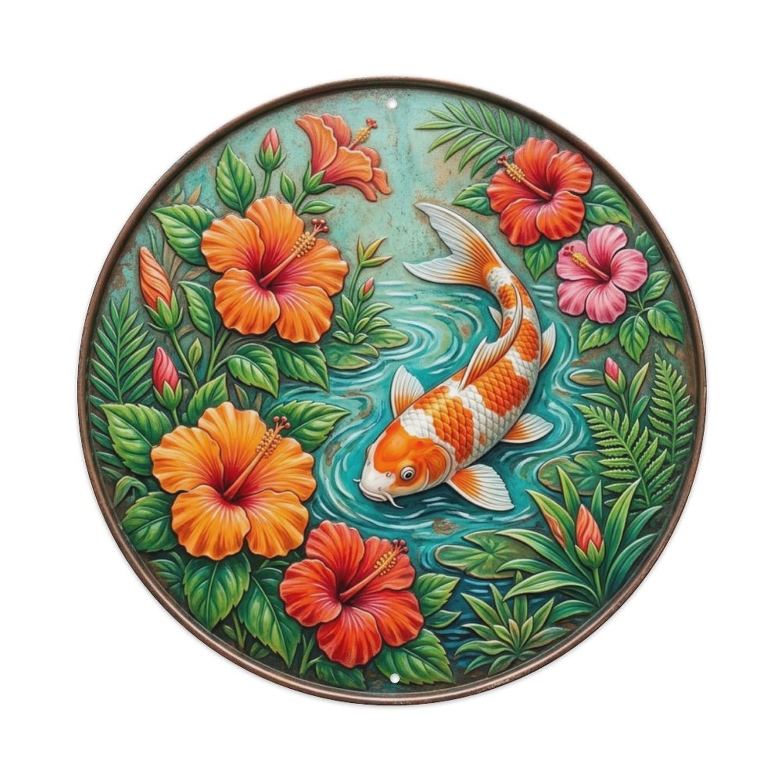 Hibiscus Tropical Bloom Koi Fish 1 Vintage Metal Tin Sign Plaque Wall Decor for Cafe, Club Bar, Office, Garden Metal Poster 8x8Inch