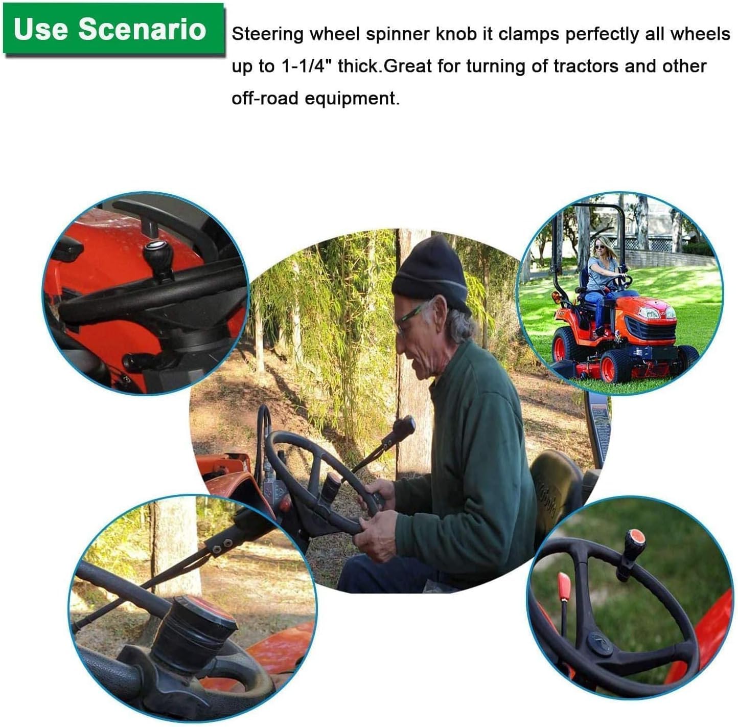 Poweka Pomo para Volante de Coche Compatibles con Kubota John Dee-Re, Mango Giratorio del Volante para Coches Camiones Cortacéspedes Tractor Barco Carrito de Golf, Perilla de Suicidio Universal