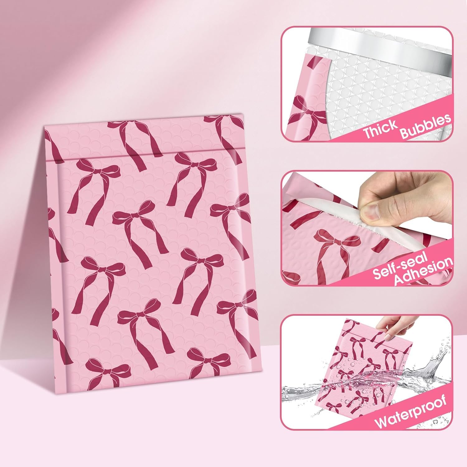 Fuxury Lot de 40 enveloppes à bulles épaisses, motif nœuds roses, 21,6 x 27,9 cm, forte adhérence – Enveloppes d'expédition rembourrées pour livres postaux, vêtements, 21,6 x 27,9 cm