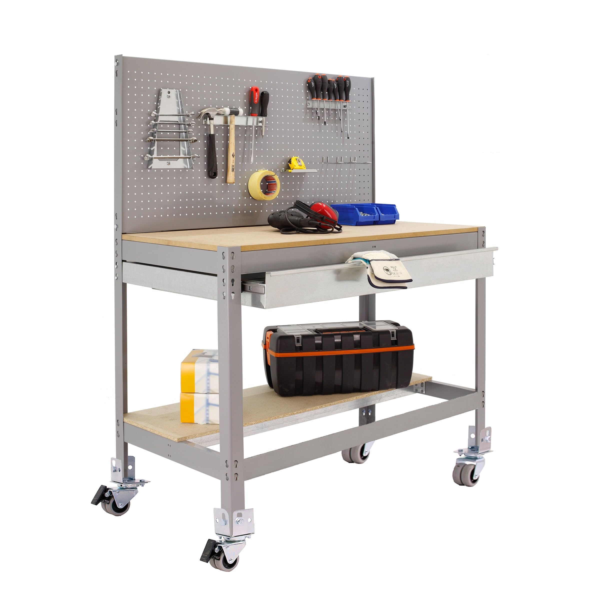 Simon Rack Banco de Trabajo Taller con Ruedas 1210x610 mm - BT2 | Panel Perforado y Cajón, Tablero madera 16 mm, Capacidad Carga 120 kg, Gris , Pintura anticorrosión, Montaje sistema clic
