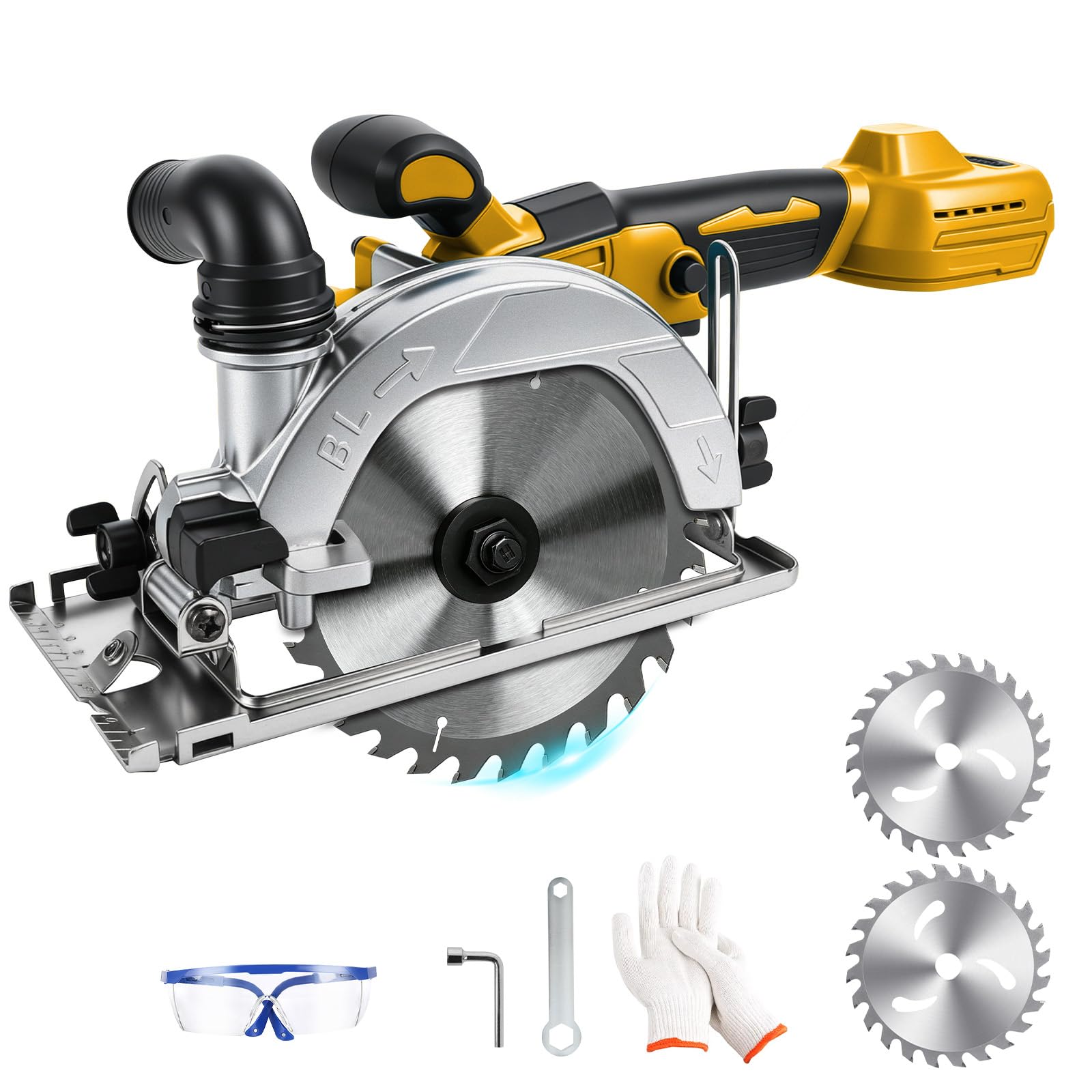 Akumulatorowa piła tarczowa kompatybilna z Dewalt 20 V (bez akumulatora), bezszczotkowa, 6900 obr./min, brzeszczot 150 mm, głębokość cięcia 51 mm, brzeszczoty + okulary ochronne + rękawice do drewna
