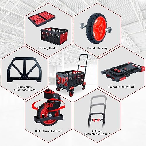 Miniatura 4 de Carro de mano plegable 2 en 1 con cesta, carrito de mano plegable de capacidad de 330 libras, carrito de mano plegable con mango retráctil, carrito