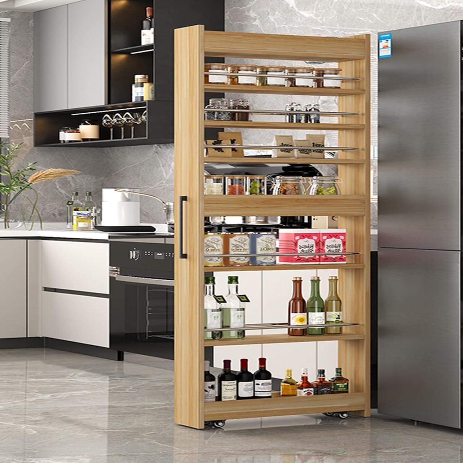 7-Tier Slim Rolling Storage Cart with Wheels - Narrow Spice Rack Organizer for Kitchen, Pantry & Laundry - Space-Saving Wood Storage Cabinet (21.65''d X Wood D 17.72 x H 72.4 x W 7.87 in