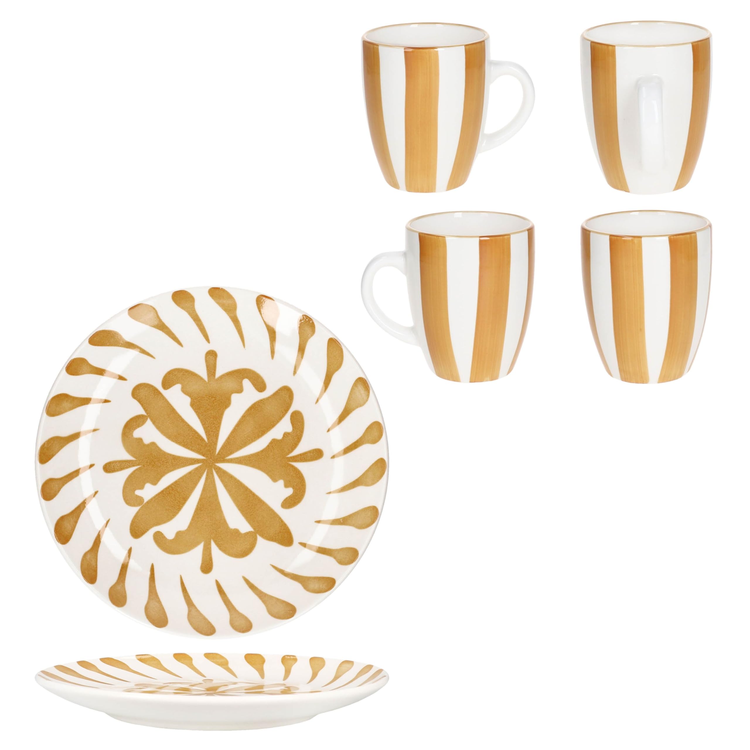 MamboCat Service de petit-déjeuner 12 pièces jaune sapin I 6 petites assiettes à petit-déjeuner et 6 tasses à café pour 6 personnes avec branches et rayures I Noël