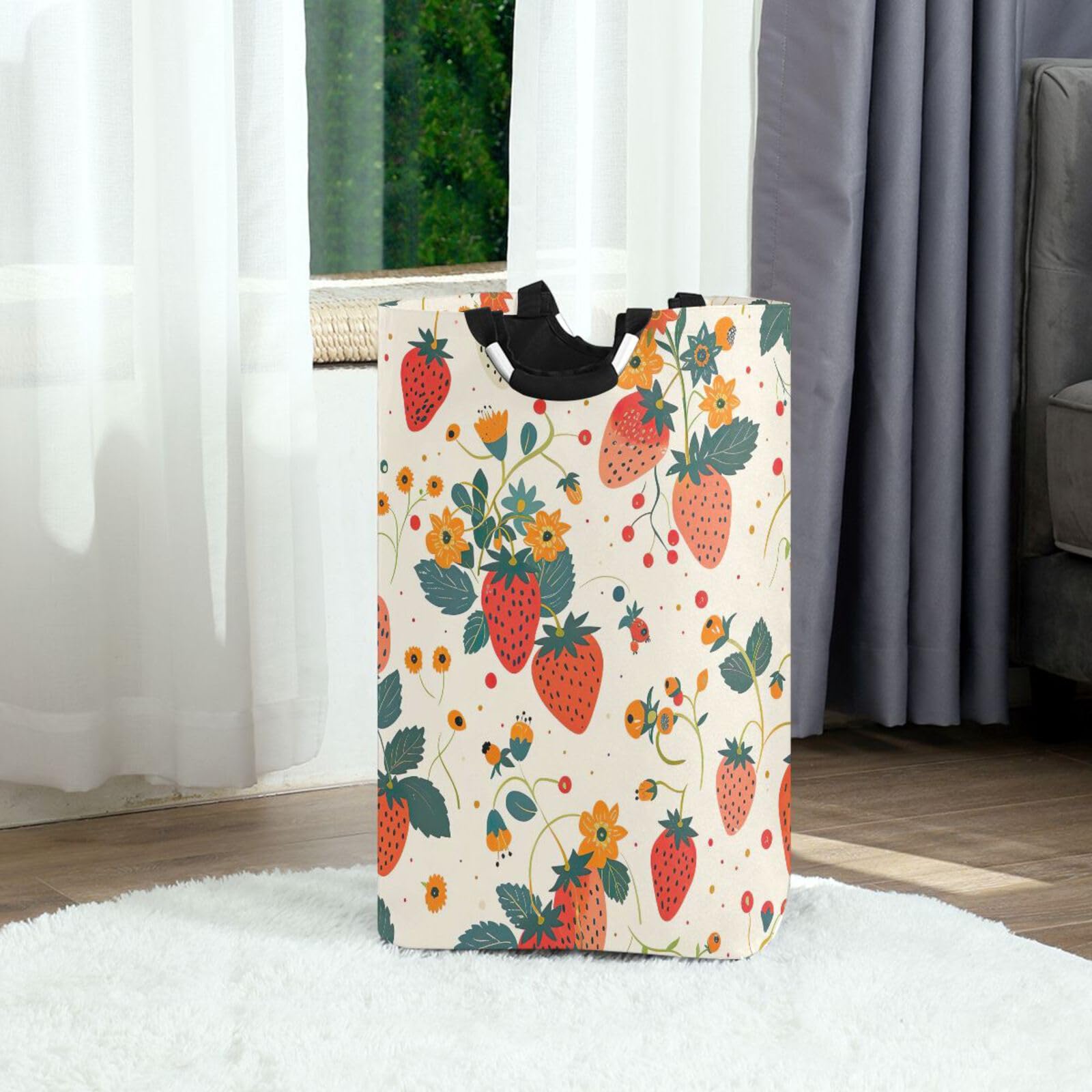 Jihqo Laundry Hamper Basket Sweet Strawberry Collapsible Nursery Storage Bin Waterproof Clothing Baskets for Home Bedroom Bathroom Washing Room