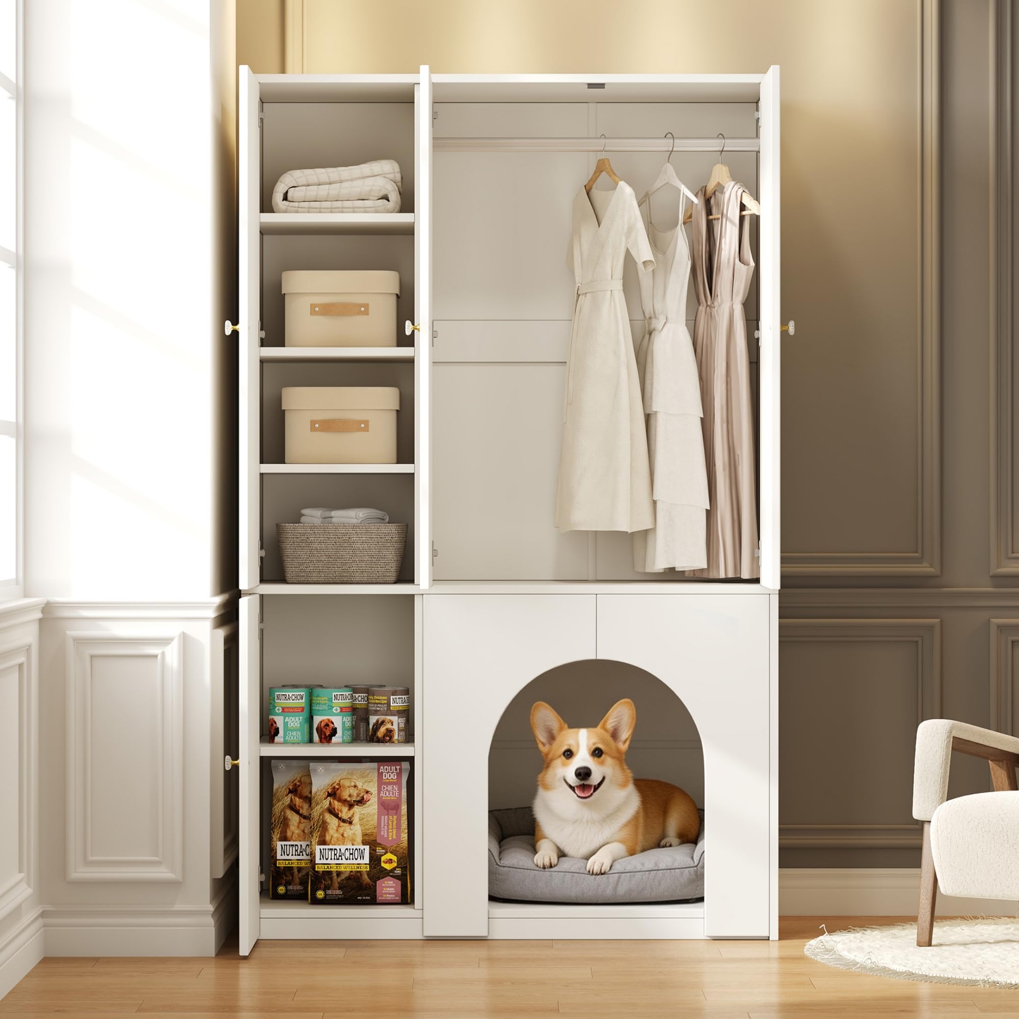 Kleiderschrank Hochschrank Aufbewahrungsschrank Sideboard mit Haustierhöhle, 3-türig, Kleiderstange & Regalböden, für Schlafzimmer Flur, 120x50x200cm Weiß