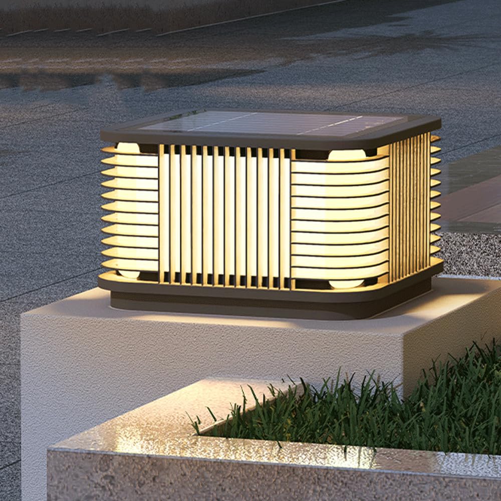 HZWJIA Stainless Steel Pillar Lamp PE Shade Solar LED Fence Deck Post Cap Light IP65 Waterproof Pillar Head Lamp Gray Outdoor Waterproof Solar Pillar Lamp For Garden Patio Landscape Post 3000K Warm Li