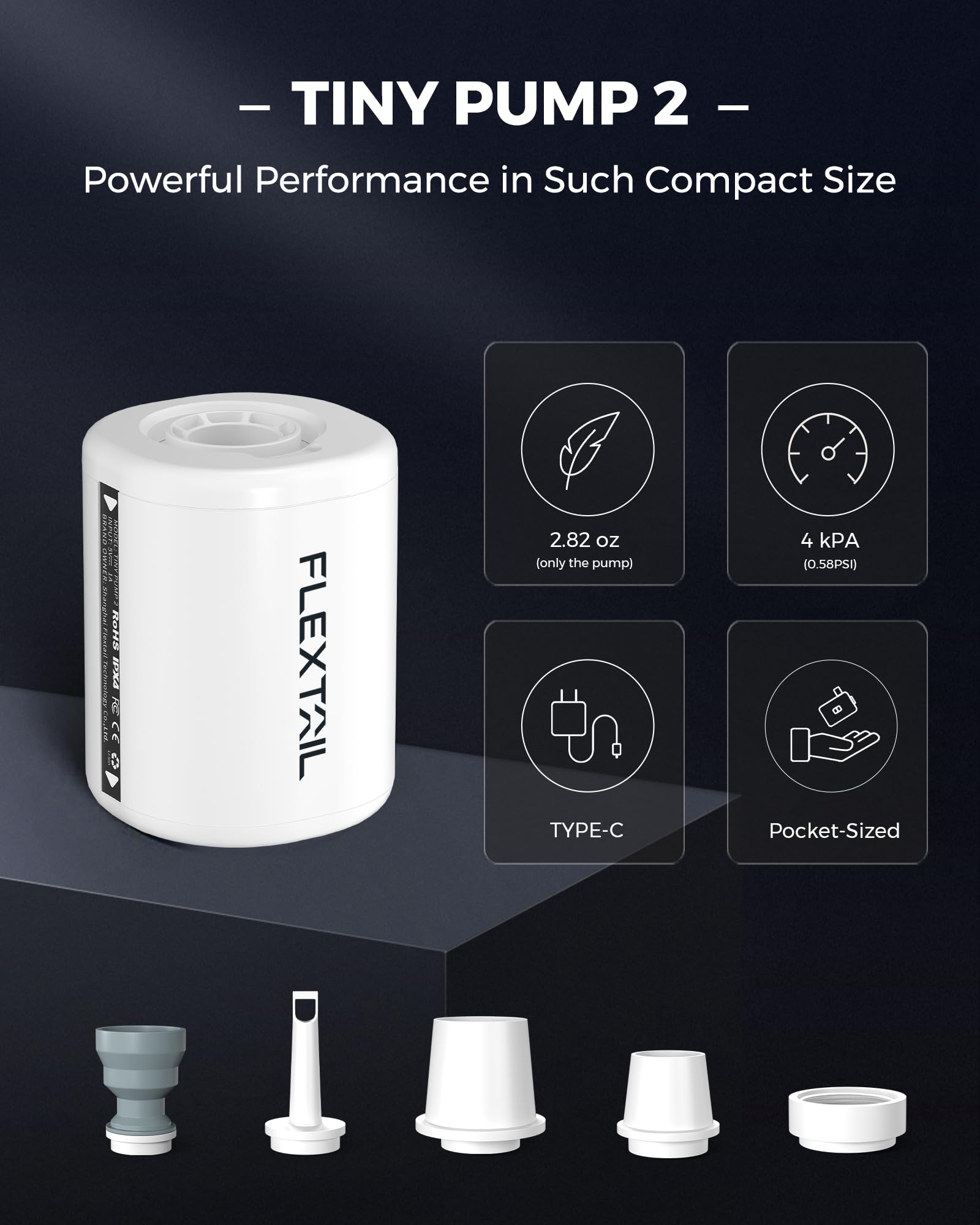 FLEXTAILGEAR TINY PUMP 2/2X, Pompa Elettrica Portatile da Campeggio, Pompa Sottovuoto, 4 kPa(180 L/min) Pressione e Portata Elevate, 5 Ugelli Multifunzione per Letto ad Aria, Sacchetto Sottovuoto