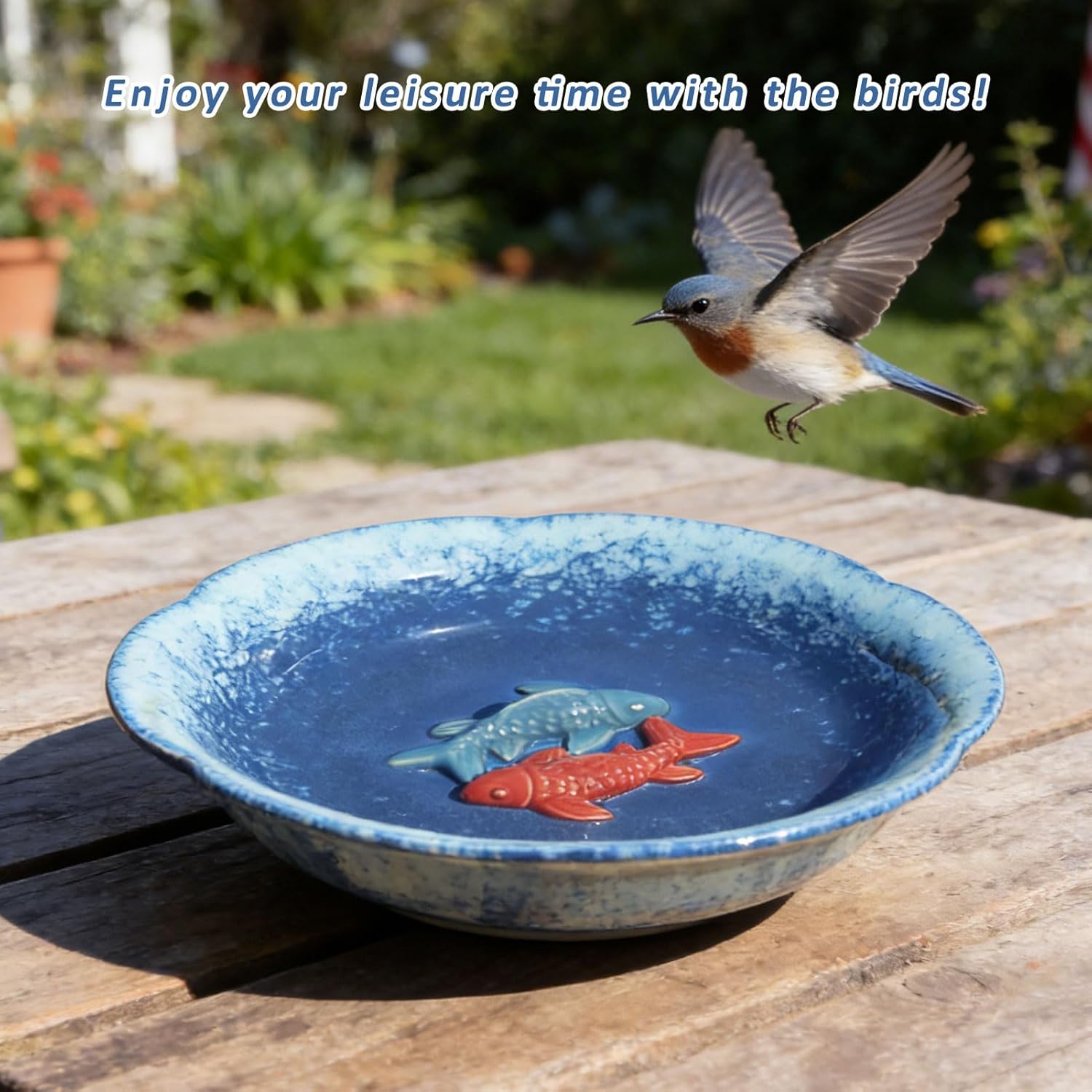 10" W Ceramic Bird Bath Bowl with 2 Koi Fish Decor,Outdoor Bird Bath & Feeder for Backyard,Garden, Patio, Deck.