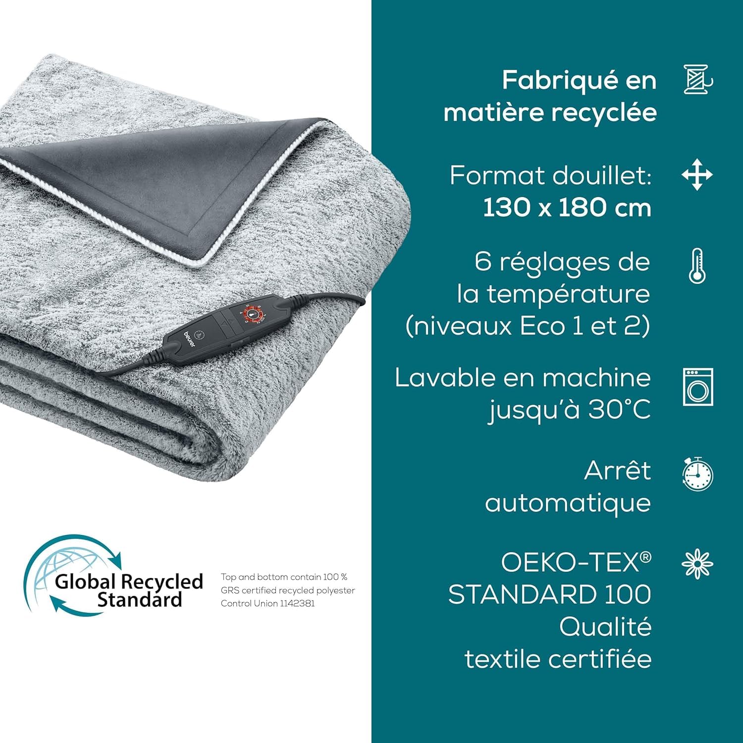 Beurer HD 75 Nordic Grey Couverture chauffante, Face supérieure/inférieure en matériau recyclé, Douce et Moelleuse, 6 Niveaux de température, Lavable en Machine, 180 x 130 cm, Gris
