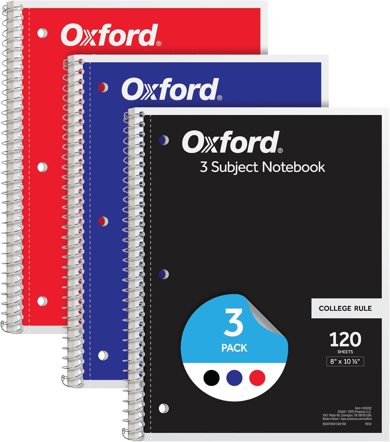 Oxford Spiral Notebook 3 Pack, 3 Subject Journal, 3-Hole Punch, College Ruled Paper, 2 Dividers, 8 x 10-1/2 Inches, Black, Red, Blue, 120 Sheets (65202) Oxford Spiral Notebook 3 Pack, 3 Subject Journal, 3-Hole Punch, College Ruled Paper, 2 Dividers, 8 x 10-1/2 Inches, Black, Red, Blue, 120 Sheets (65202)
