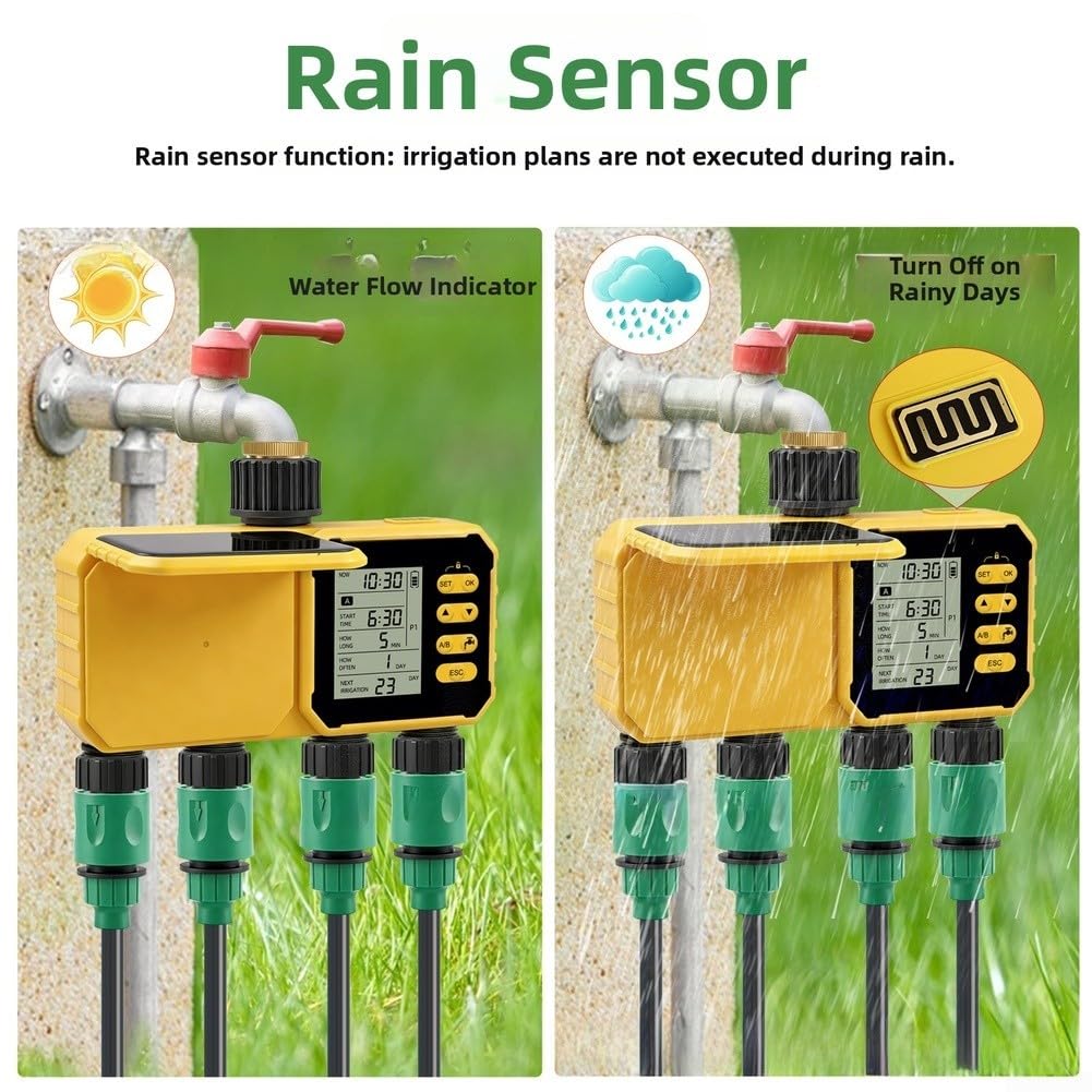 Solar-Bewässerungssteuerung, 4-Zonen-Bewässerungs-Timer, Regensensor, automatisches Tropfsystem für Rasenpflanzen