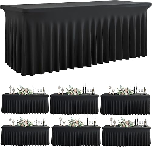 Paquete de 6 manteles de elastano negro para mesas rectangulares de 8 pies, falda de mesa negra ajustable de 8 pies para bodas, manteles sin arrugas