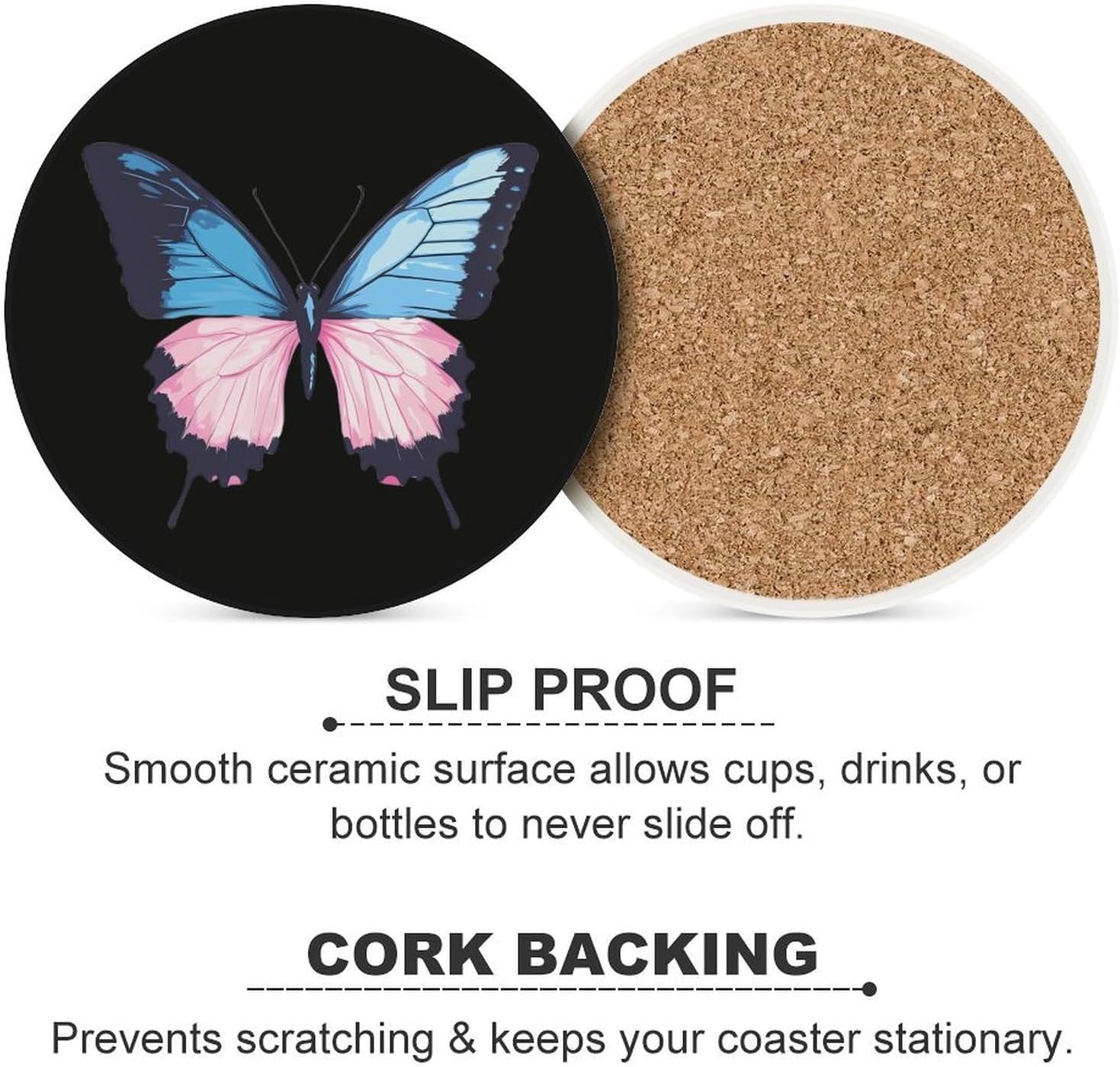 Transgender LGBT Flag Butterfly Round Ceramic Coasters for Drinks Absorbent Cup Holder Tabletop Protector with Cork Base