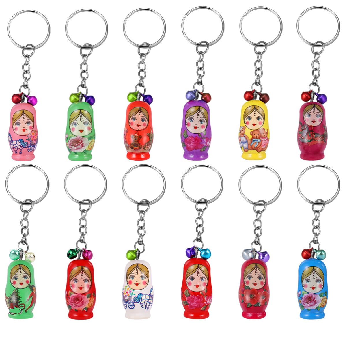 NUOBESTY Matryoshka Key Chains,Set of 12 Wood Russian Nesting Dolls Key Rings Key Holders(Random Style)