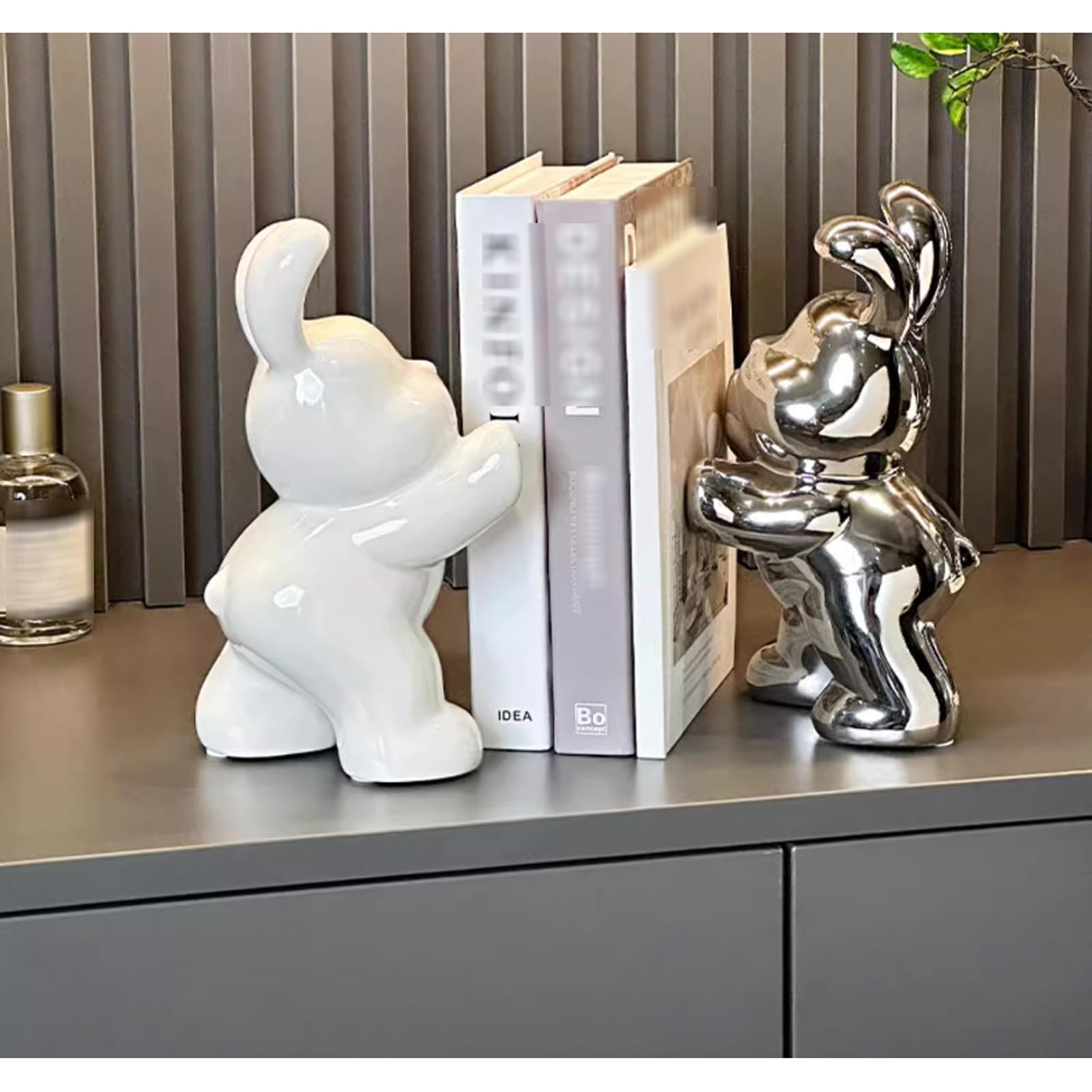 Kreatywne podpórki do książek w kształcie królika na półki 2 szt. Ceramiczne Nowoczesne dekoracyjne stojaki figurki zwierząt(Silver)