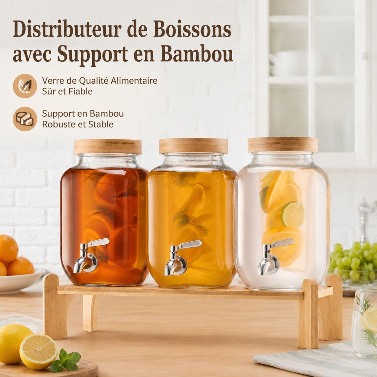 Getränkespender 3er Set aus Glas mit Zapfhähnen und Ständer für Saft Kaffee Partys und Bars