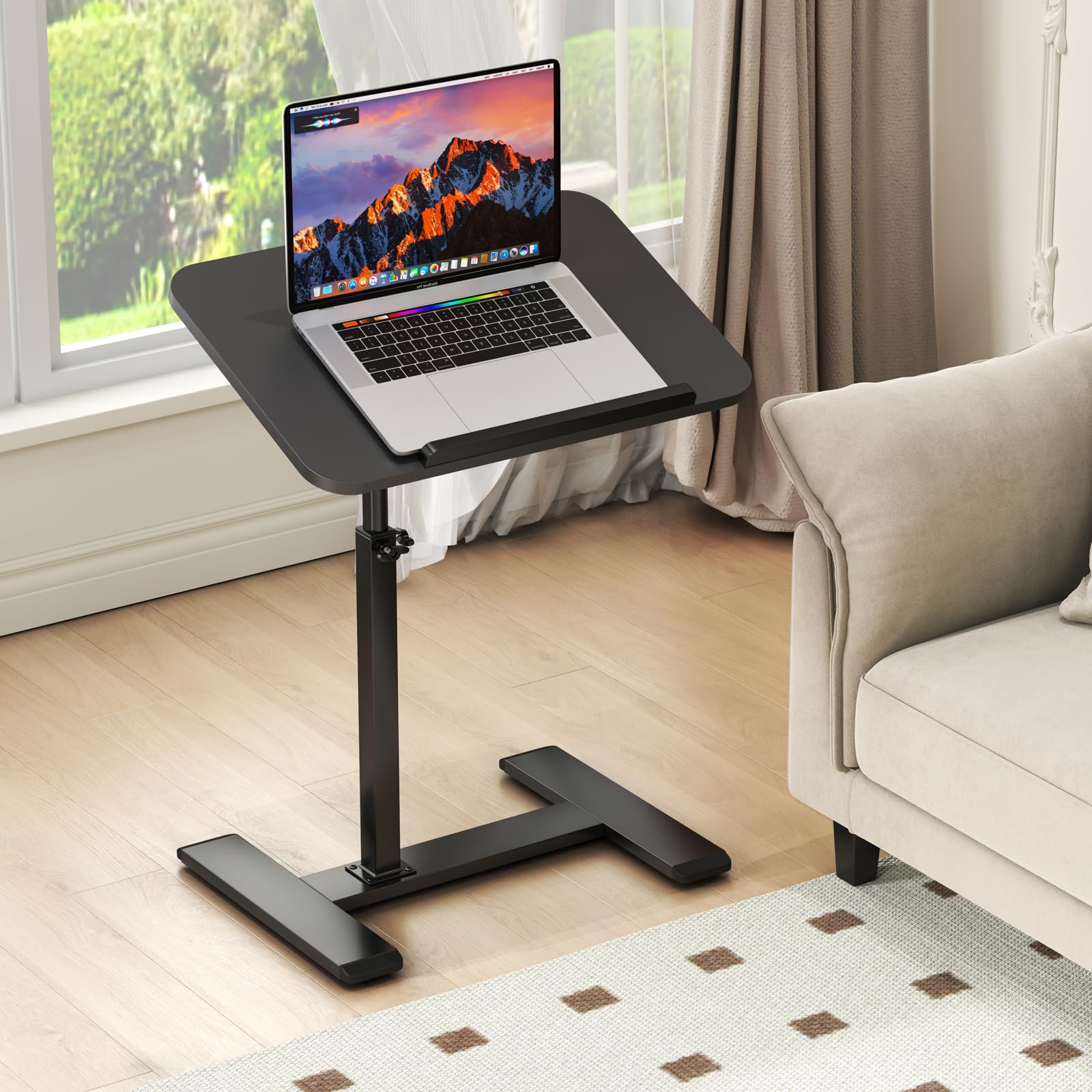 Mesa auxiliar en forma de C, altura ajustable, giratoria 360°, para ordenador portátil, mesa auxiliar, mesa de centro móvil, de madera, pequeña (negro)
