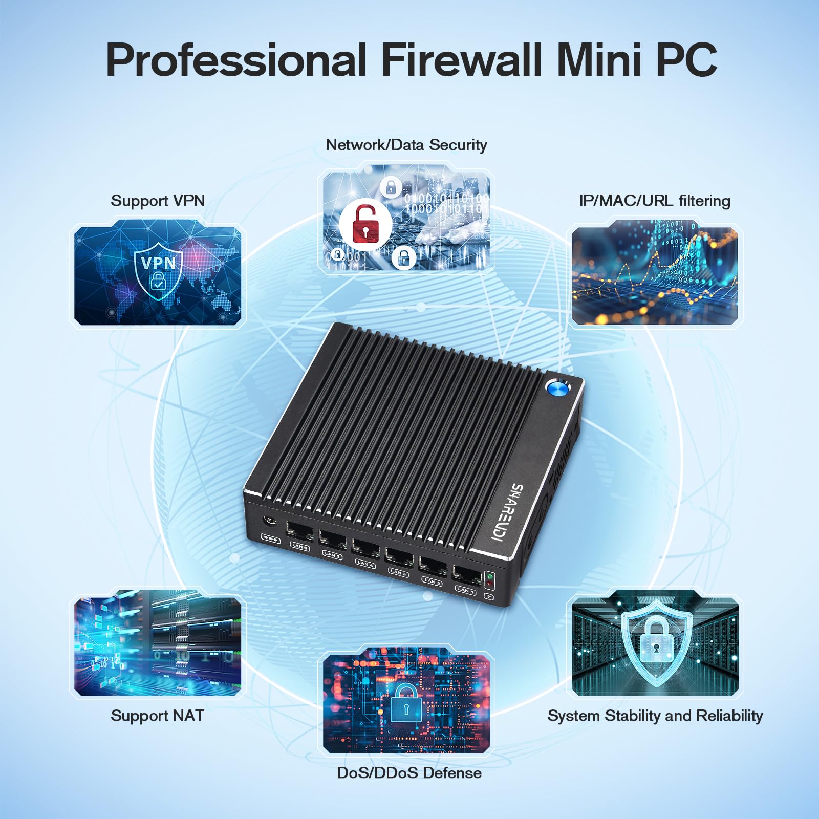 Sharevdi Fanless Firewall Appliance 6X Intel i226 LAN Firewall Mini PC Intel N3710 4C/4T,DDR3 mSATA SSD, Network Gateway Soft Router, Test with P-F-Sense/OPN-Sense AES NI HD/Type-C/SIM Card/TF/Wi-Fi: N3710/DDR3/mSATA SSD/6 LAN/Type-C