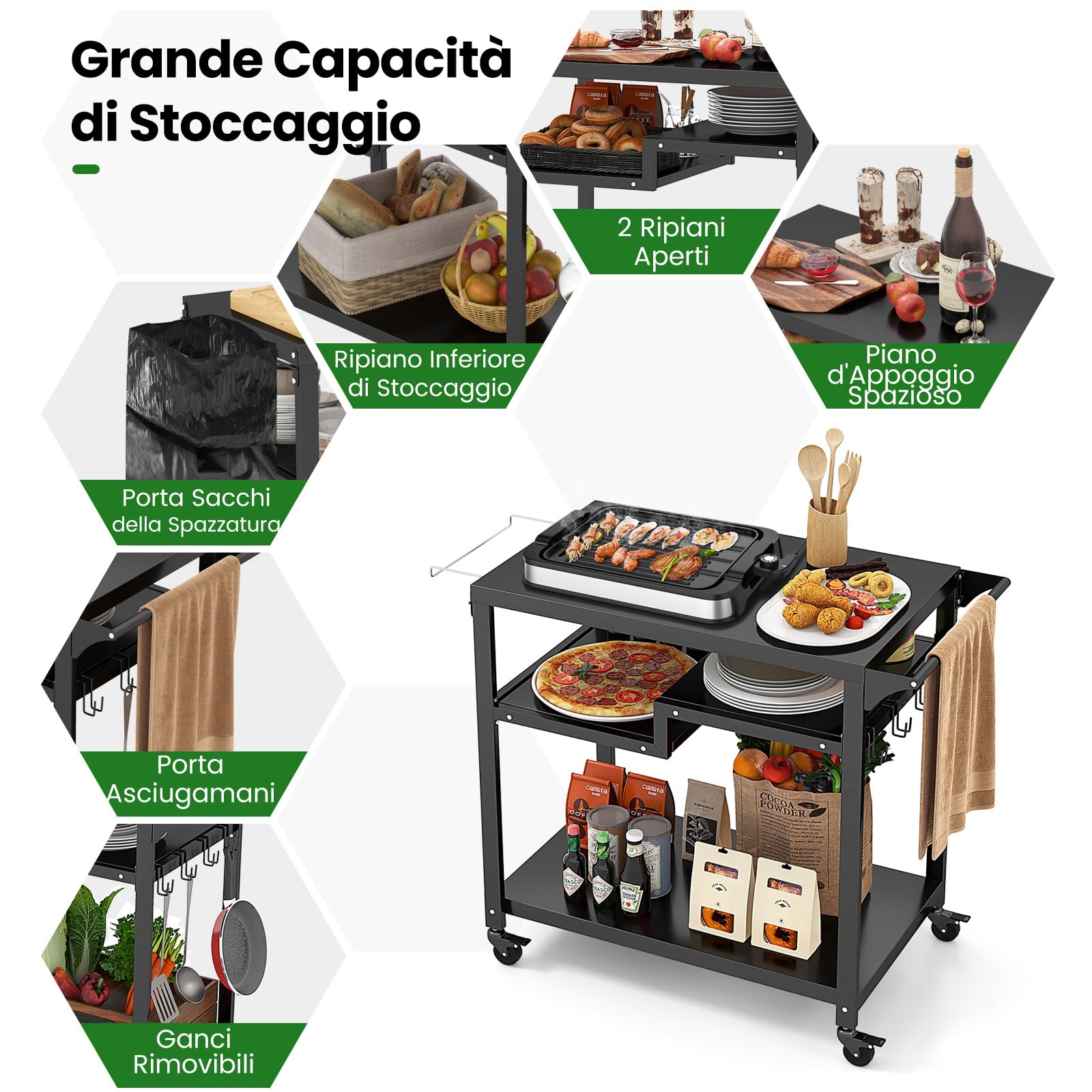 GYMAX Carrello da Barbecue per Esterno, Carrello BBQ Mobile con Ripiani, Ganci, Tavolo Multifunzionale con Ruote Bloccabili e Maniglia Laterale