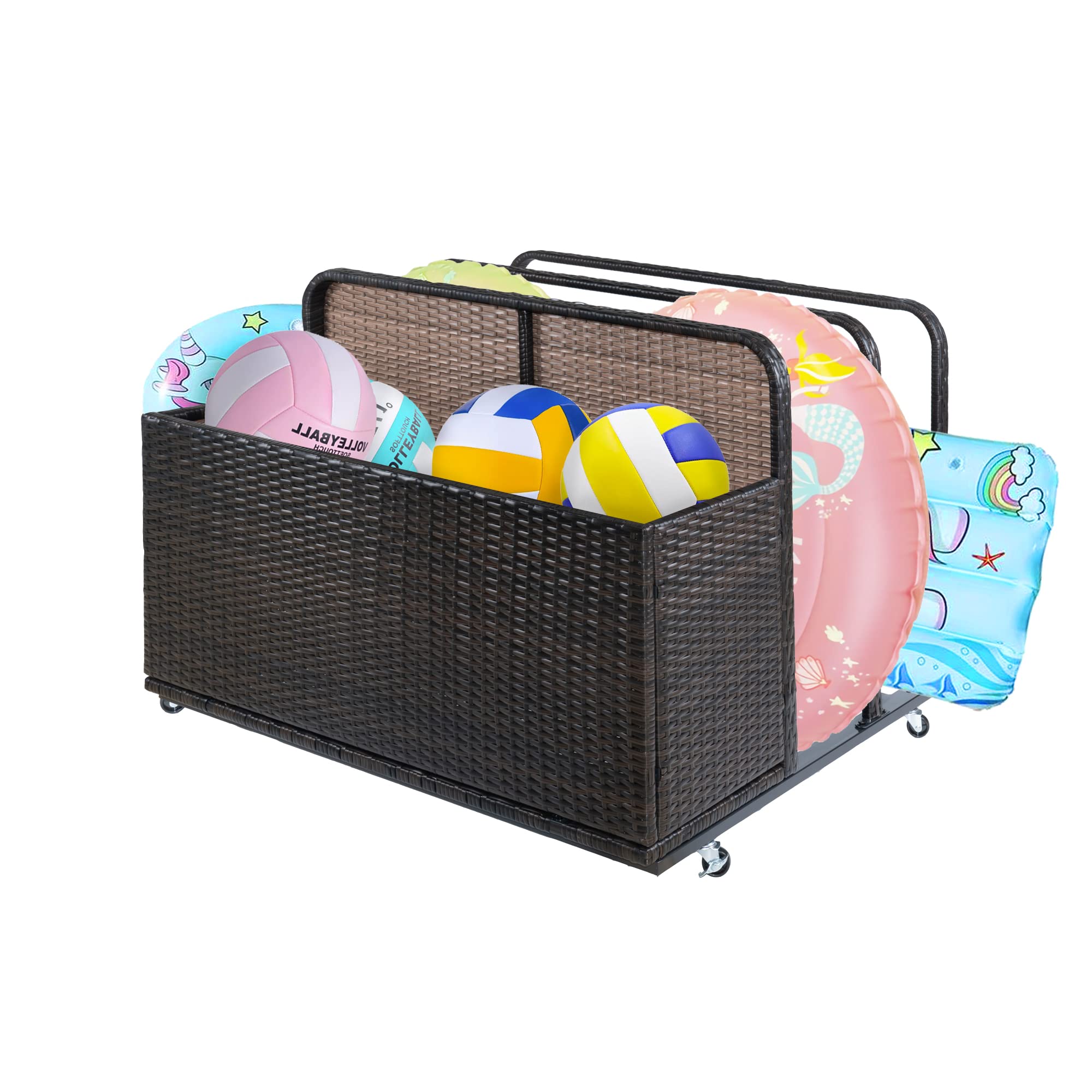 Hapihom Pool Storage Bin, Rolling Poolside Float Storage with Towel Rack and Wheels, PE Rattan Mesh Organizer for Swimming Equipments, Floaties, Toys, Floats, Cushions, Life Vests, Beach Balls - E