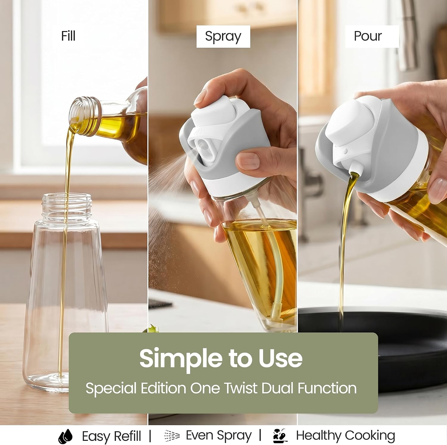 Olive Oil Dispenser for Kitchen 2-in-1 Pour and Spray | 11.5 oz / 340 ml | Glass Olive Oil Sprayer for Cooking, Airfryer, Salad & BBQ | Set of 2 Bottles, White image 3