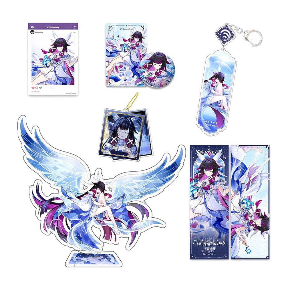 JUSONGKWCP Columbina Figure Merch 7 Pieces | Genshens Columbina Keychain Badge Acryl Stand Card | Cool Desk Decorations Set