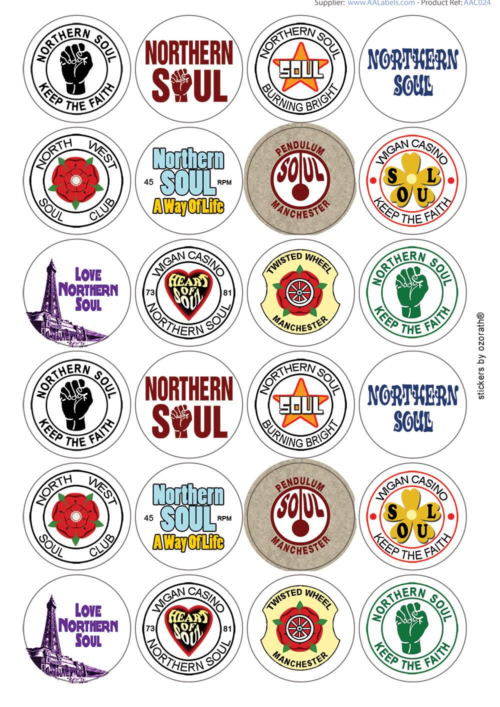 Northern Soul Various Circular Matt Paper Stickers A4 Sheet of 24 (Each Sticker is 45mm Diameter)