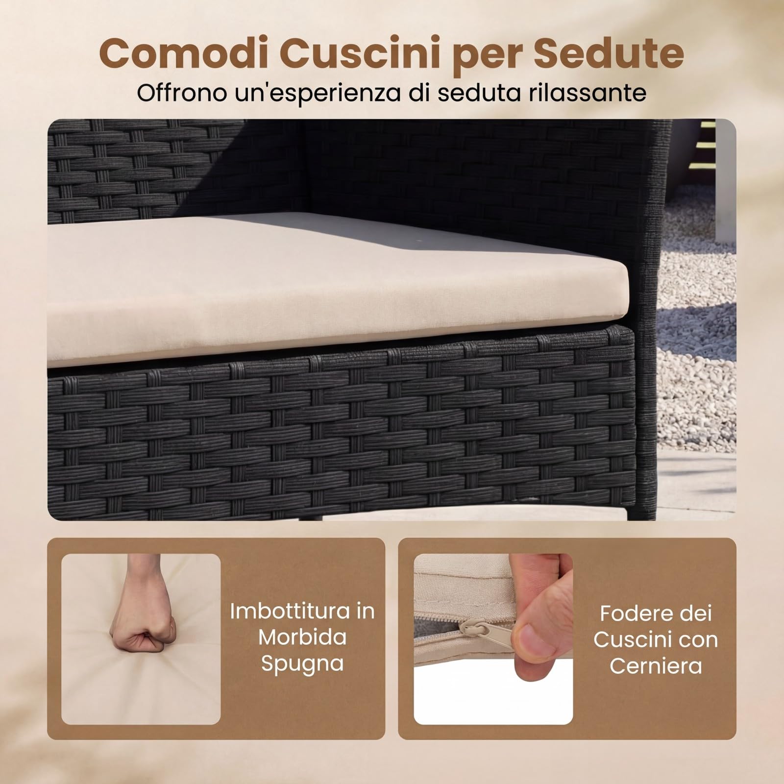 COSTWAY Set Salotto da Giardino 4 Pezzi, Divanetto da Esterno in Rattan PE con 2 Poltrone e Tavolino con Piano in Vetro Temperato, Cuscini Imbottiti e Telaio Metallo per Terrazzo e Balcone (Beige)