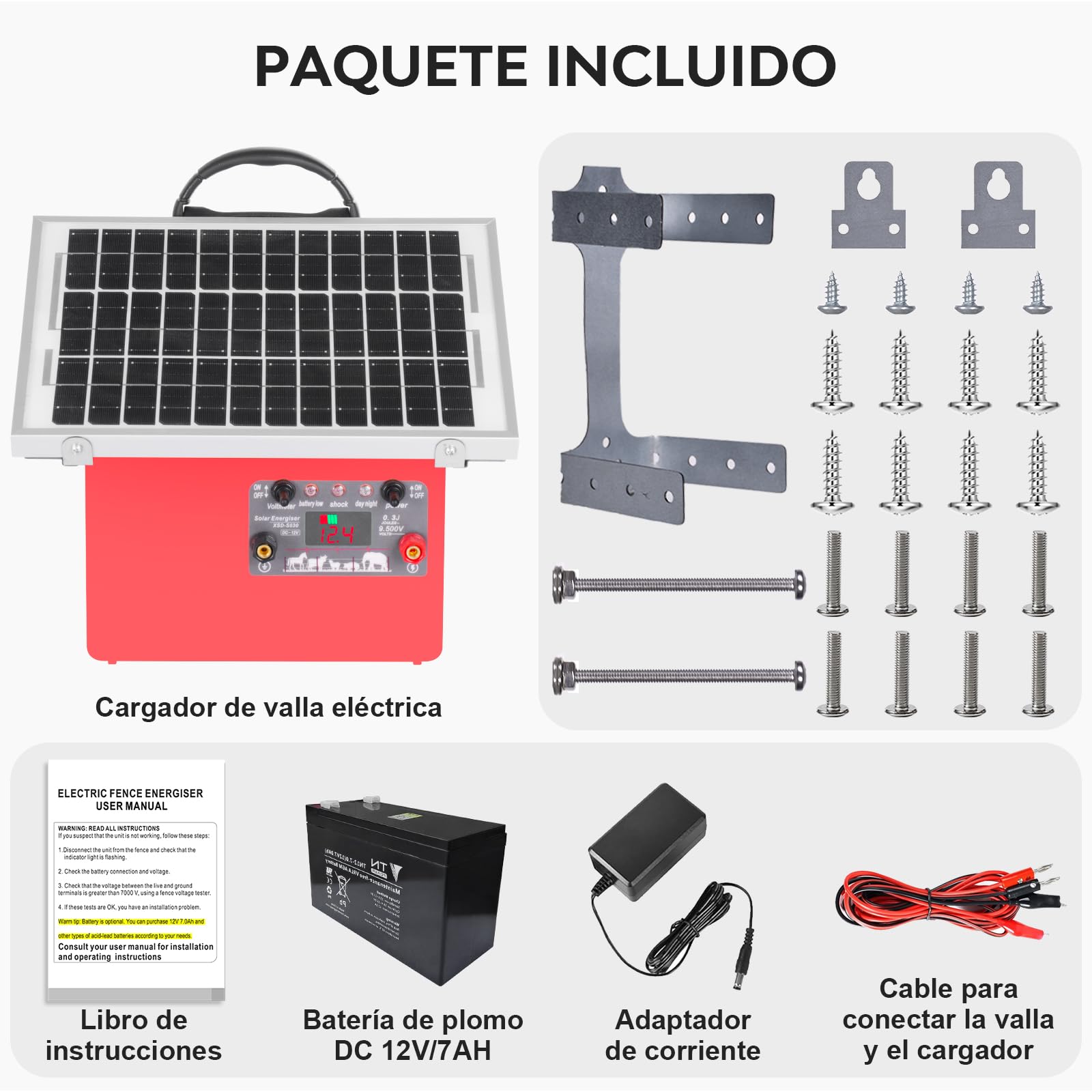 32KM cloture electrique solaire, 9,5 kV Berger électrique Contrôleur pour chevaux, 0,5 J Clôture électrique pour élevage d'animaux de berger, pour ferme, pâturage, jardin (Red)